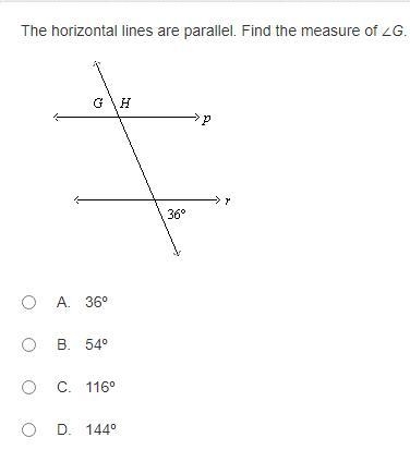 The horizontal lines are parallel. Find the measure of ∠G.-example-1