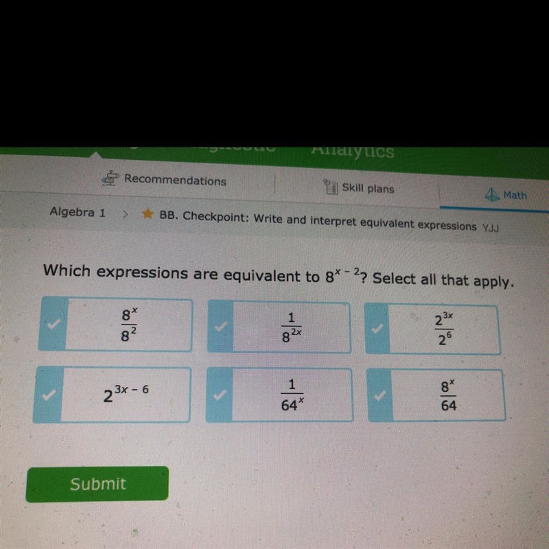 Which expressions are equivalent to 8^x-2? Select all that apply. (picture below)-example-1