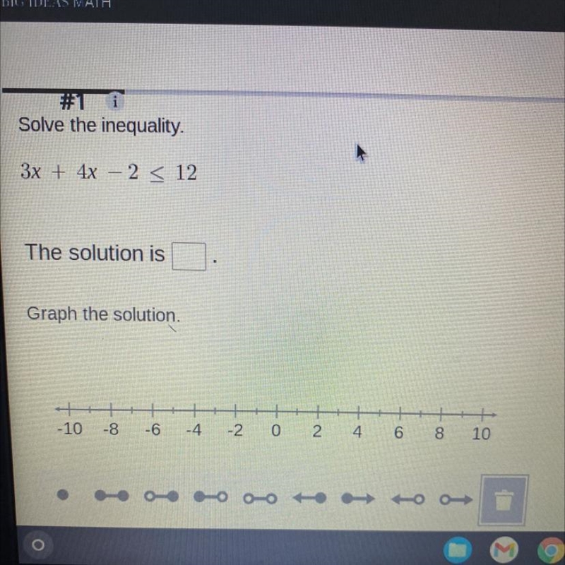 Solve the inequality 3x + 4x-2<12 PLEASE HELPP PLEASEEE-example-1