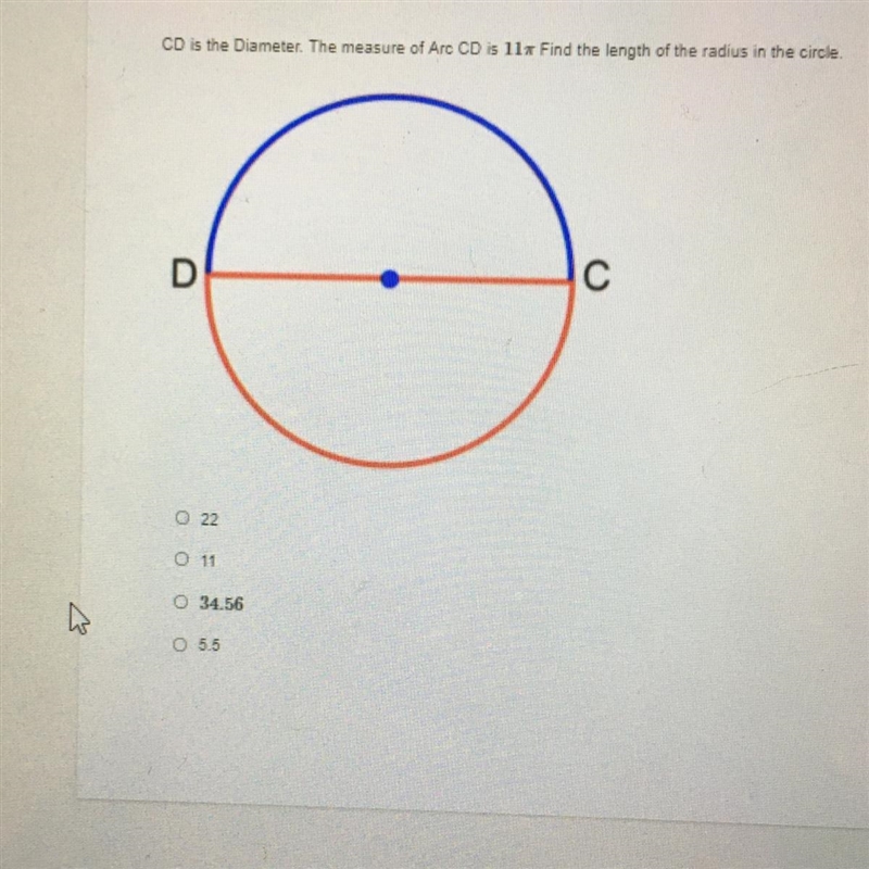 CD is the Diameter. The measure of Arc CD is llx Find the length of the radius in-example-1