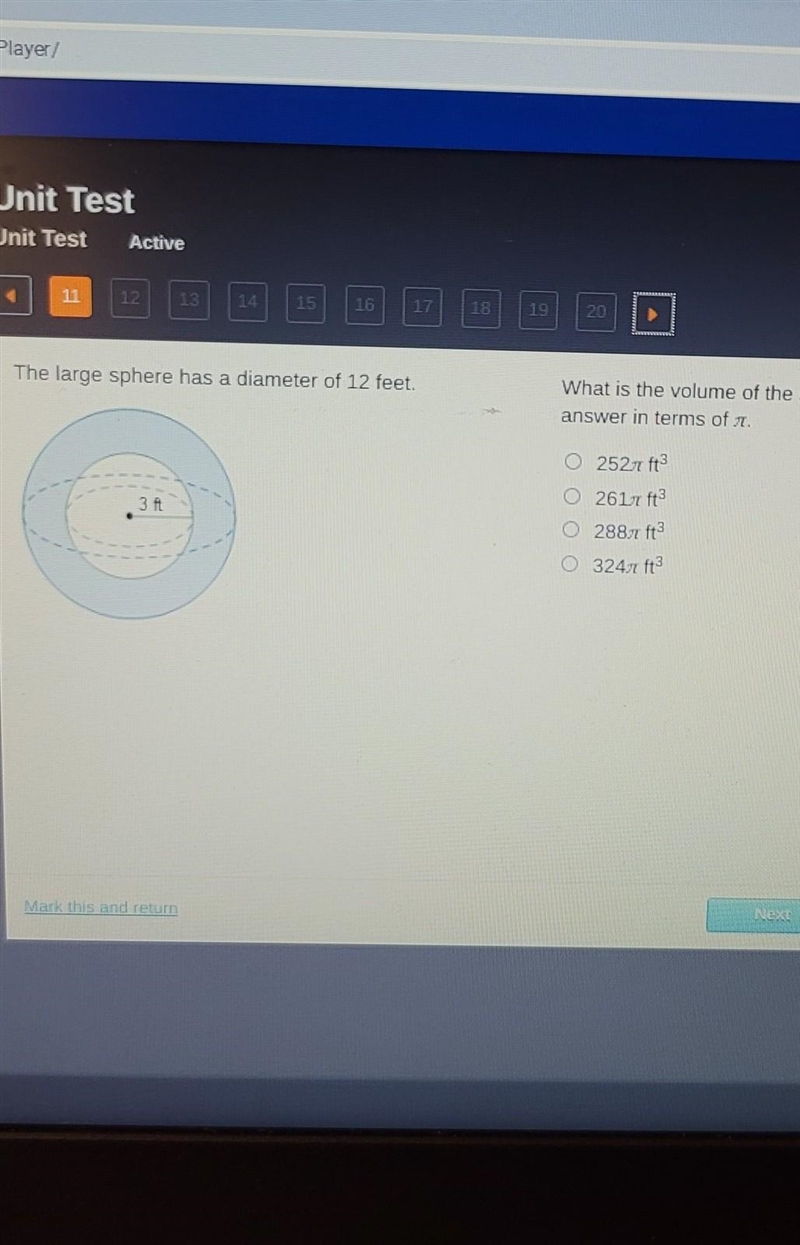 The large sphere has a diameter of 12 feet. What is the volume of the shaded figure-example-1