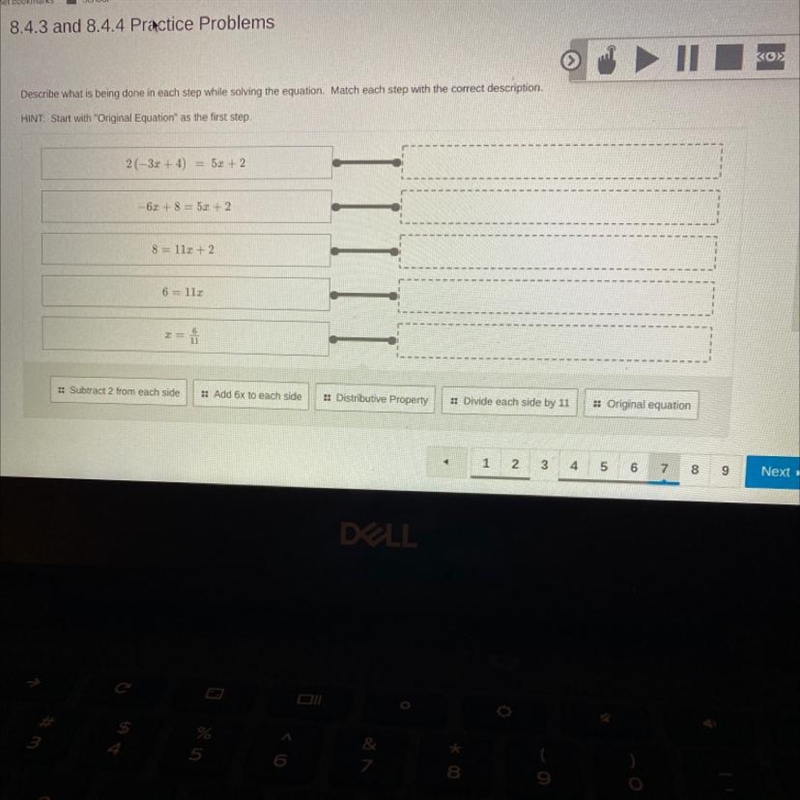 Describe what is being done in each step while solving the equation. Match each step-example-1