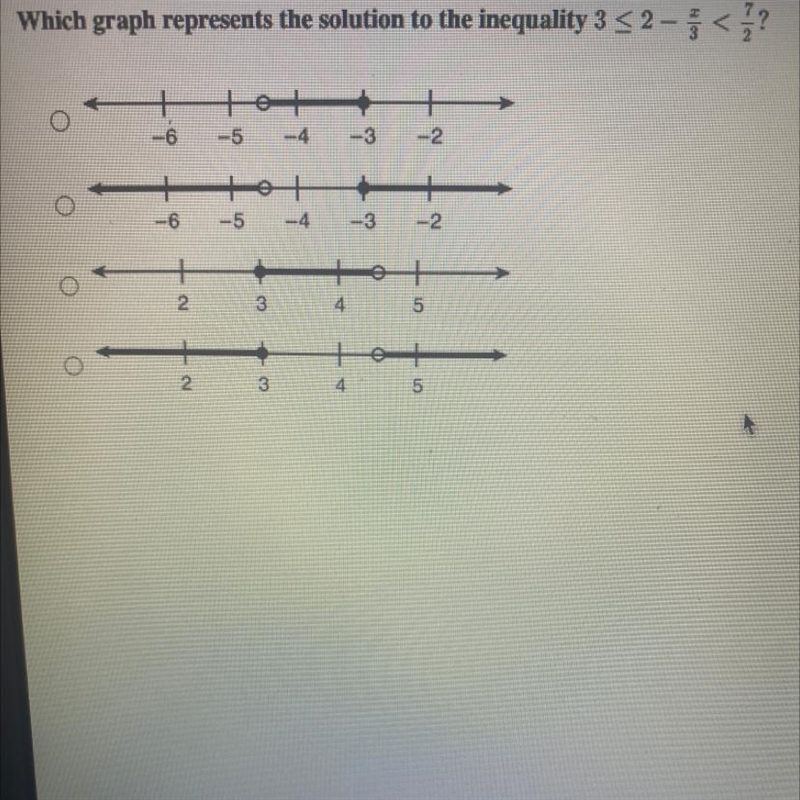 Which graph represents the solution to the inequality 3 < 2- x/3 <7/2-example-1