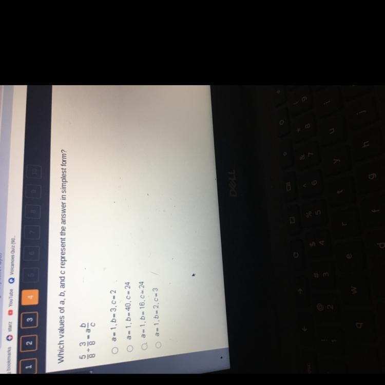 Which values of a, b, and c represent the answer in simplest form? 5 3 88 =a a= 1,b-example-1