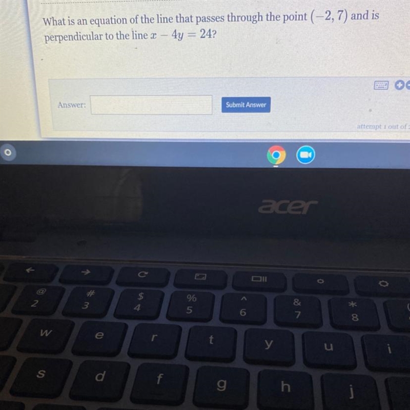 What is an equation of the line that passes through the point (- 2, 7) and is perpendicular-example-1