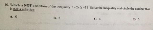 Which statement is not a solution of the inequality 5-2x>-3?-example-1