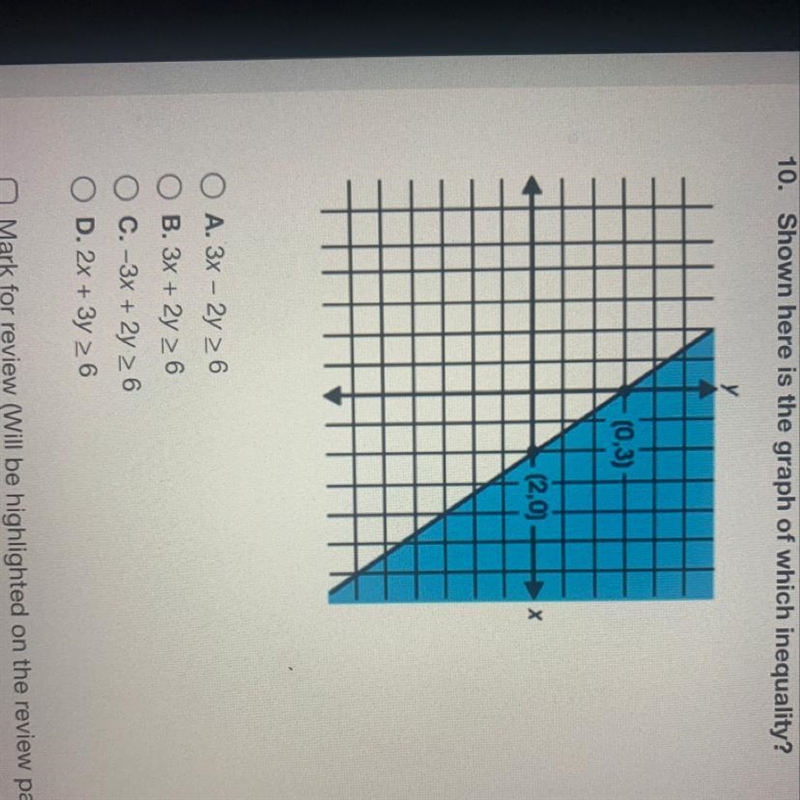 10. Shown here is the graph of which inequality?-example-1