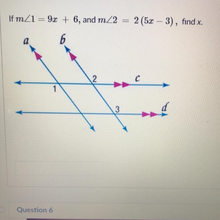 If the measure of angle 1 = 9x +6 and the measure of angle 2 = 2 (5x - 3), find x-example-1