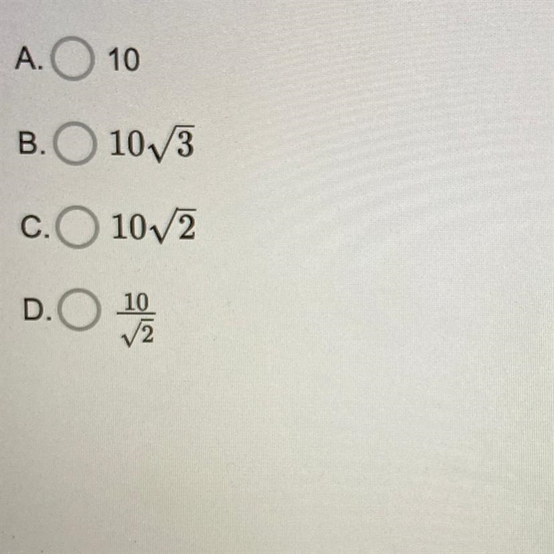 A right triangle has two sides with lengths 10 and 10. What is the length of its third-example-1