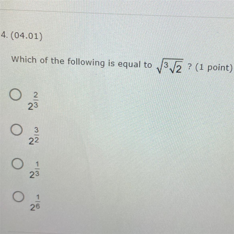 Which of the following is equal to square root ^3 square root 2-example-1