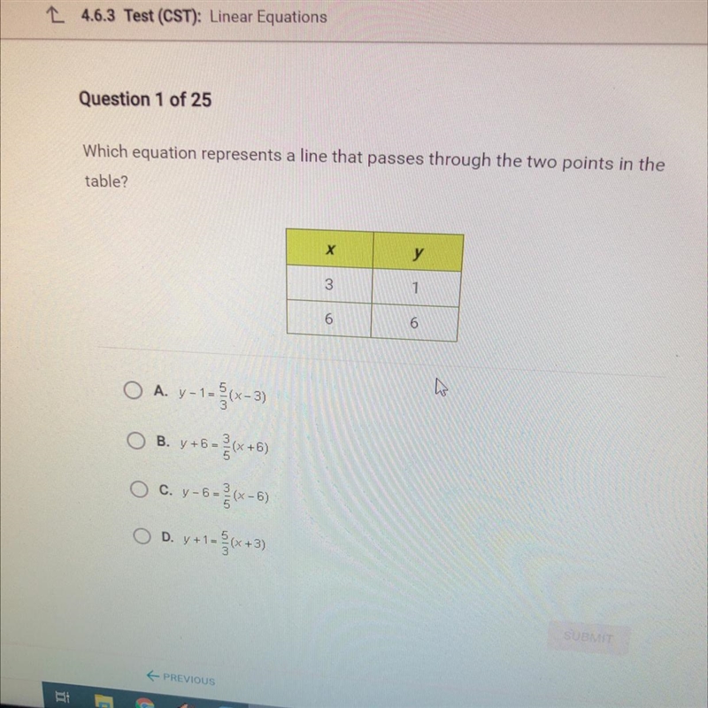 Which equation represents a line that passes through the two points in the table?-example-1