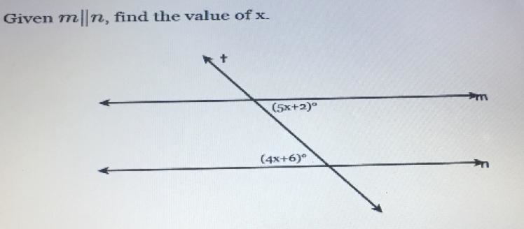 Given m||n, find the value of x. + (5x+2) (4x+6)°-example-1