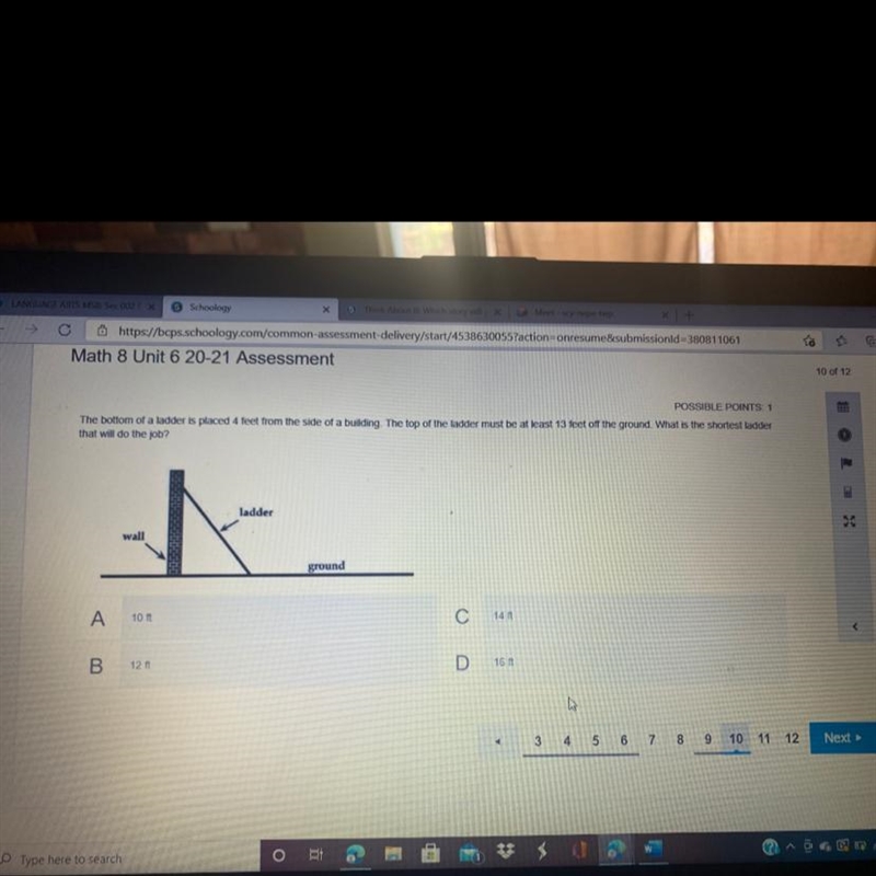 The bottom of a ladder is placed 4 feet from the side of a building. the top of the-example-1