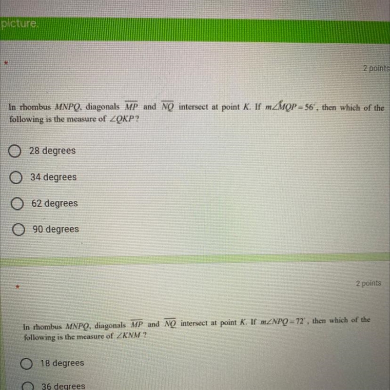 In rhombus MNPQ, diagonals MP and NQ intersect at point K. If m_MQP = 56', then which-example-1