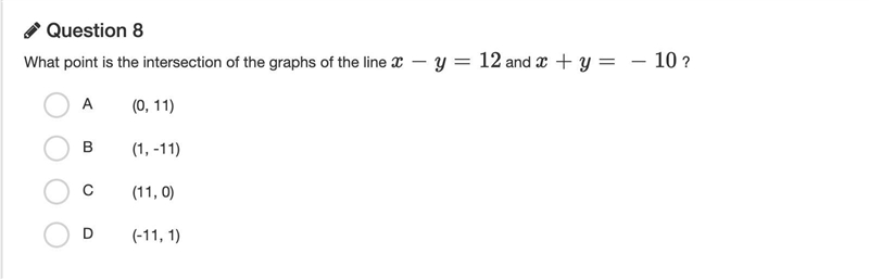 What point is the intersection of the graphs of the line x−y=12 and x+y=−10 ?-example-1