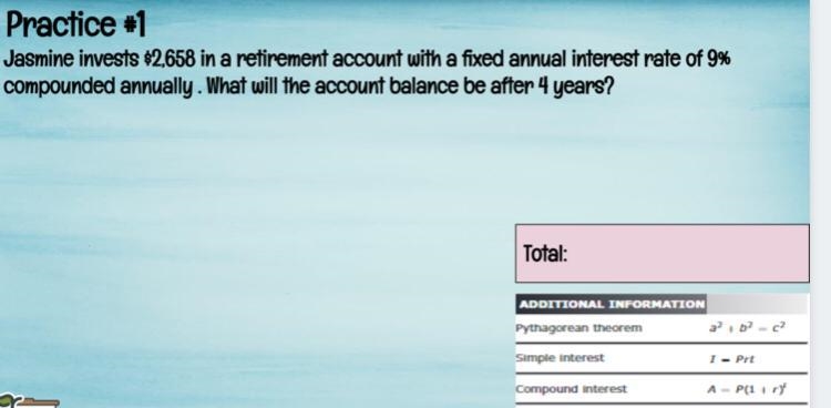 Jasmine invests 2658 in a retirement account with a fixed annual interest rate of-example-1