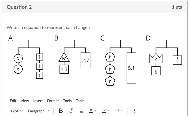 Please Help! Write a equation for each hanger!-example-1