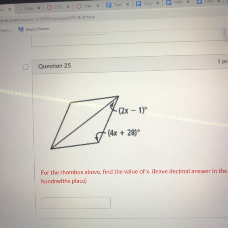 For the rhombus above, find the value of x. (leave decimal answer in the hundredths-example-1