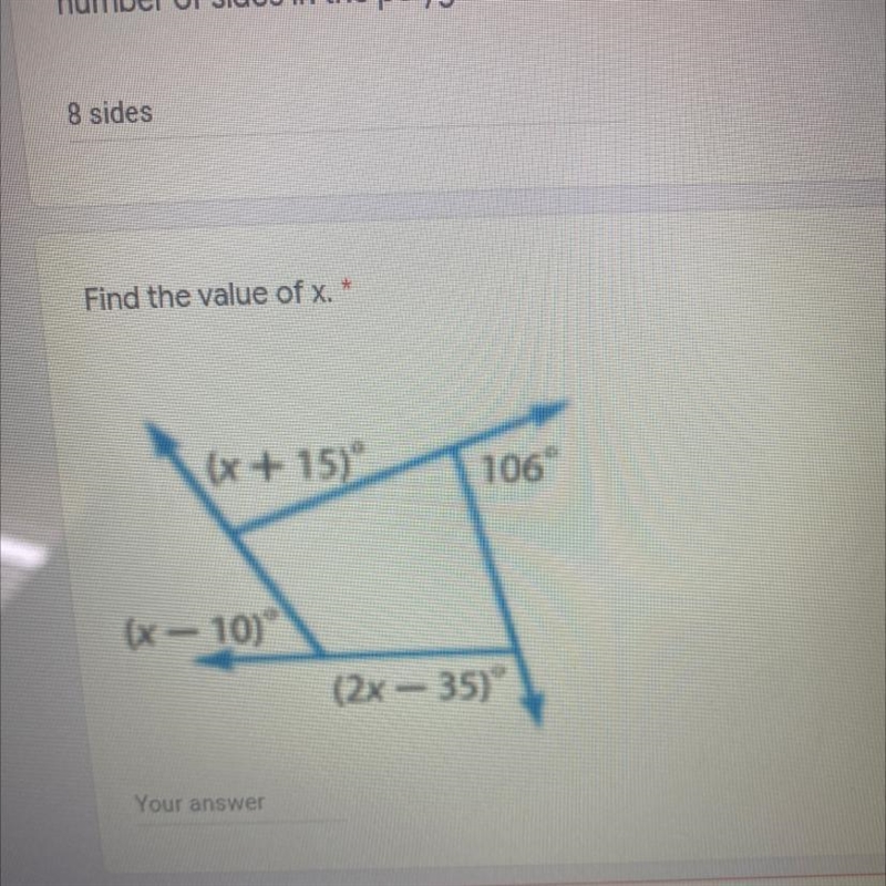 Find the value of x. * (x + 15) 106 (x-10) (2x - 35)°-example-1