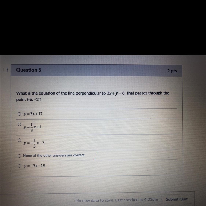 What is the equation of the line perpendicular to 3x+y=6 that passes through the point-example-1