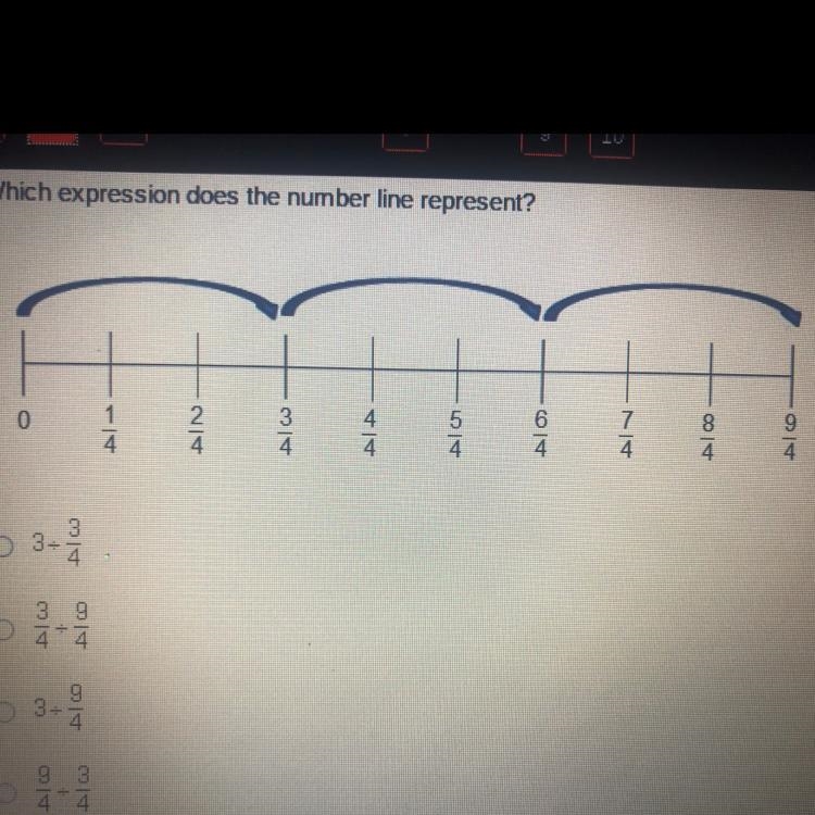 Which expression does the number line represent ? Answers: a.3 divided by 3/4 b.3/4 divided-example-1