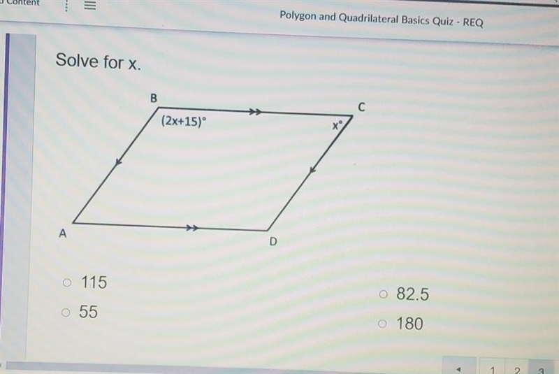 Solve for x. 115 55 82.5 180​-example-1