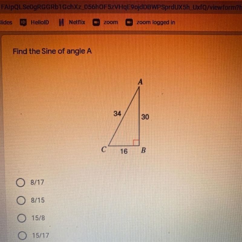 Find the Sine of angle A 8/17 8/15 15/8 15/17-example-1