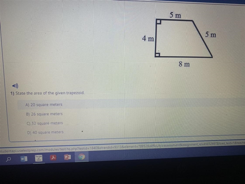 1) State the area of the given trapezoid. 5m 5m 8m 4m A) 20 square meters B) 26 square-example-1