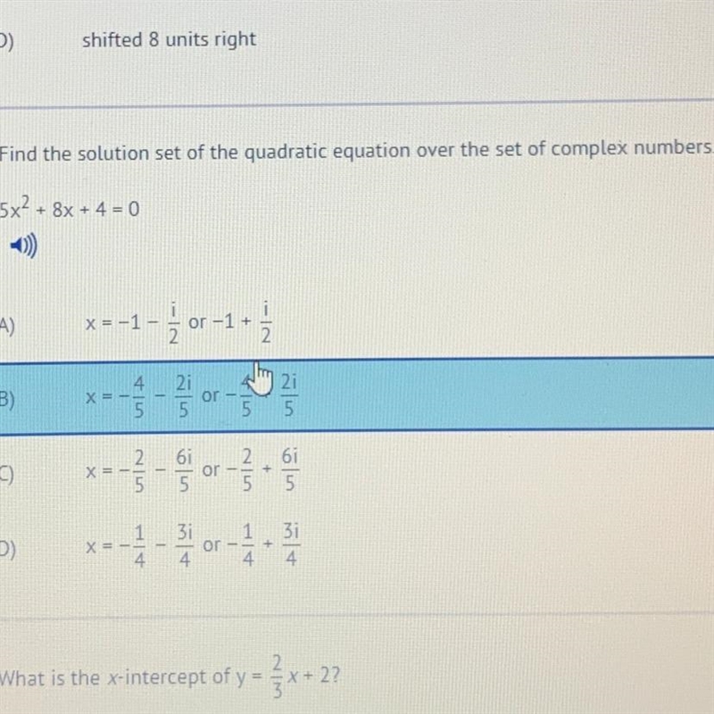 Find the solution set of the quadratic equation over the set of complex numbers. 5x-example-1