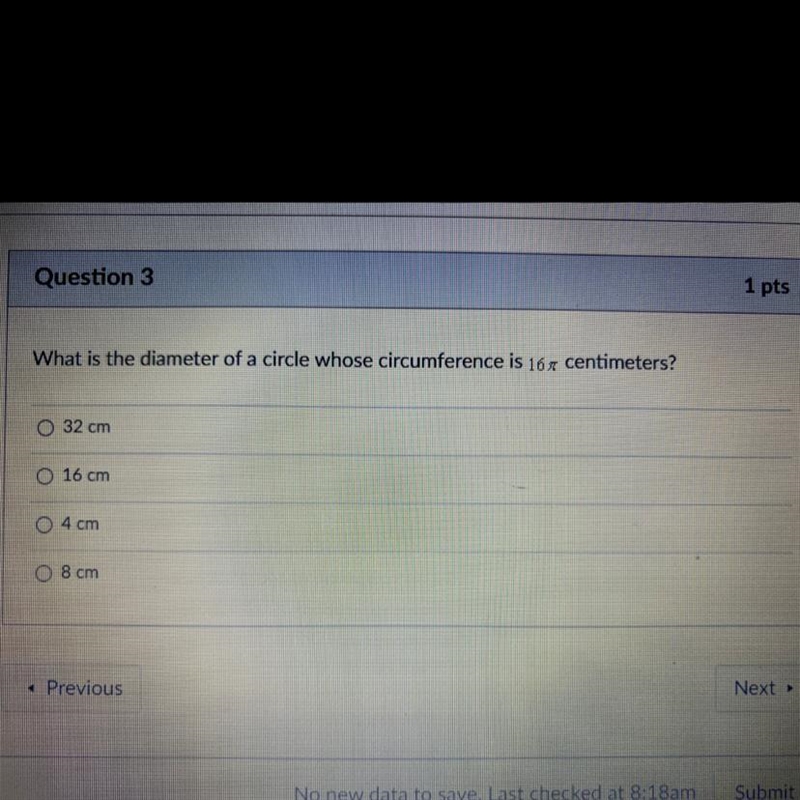 HELP PLS!! What is the diameter of a circle whose circumference is 16pi centimeters-example-1