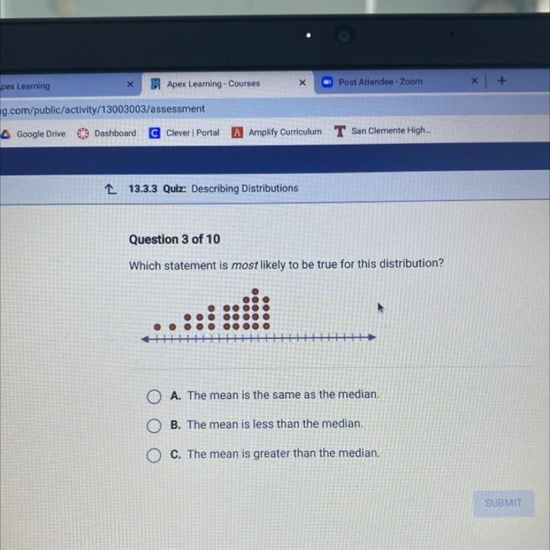 Which statement is most likely to be true for this distribution? A. The mean is the-example-1