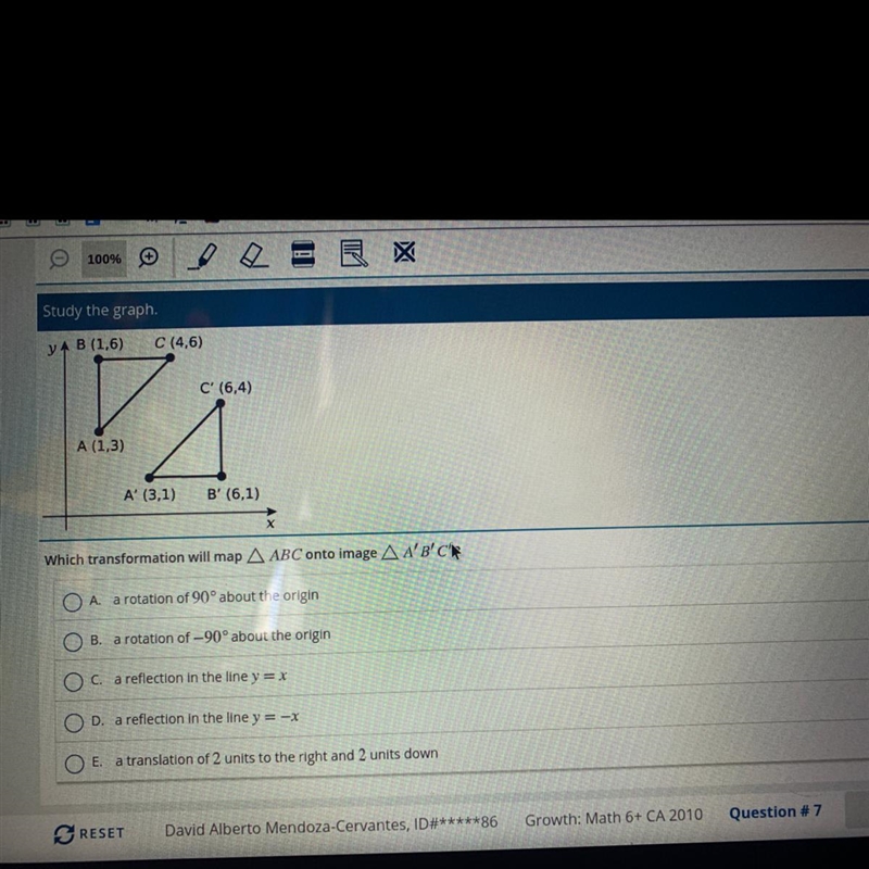 Study the graph, YAB (1,6) C (4,6) C' (6,4) A (1,3) A' (3,1) B' (6,1) Which transformation-example-1