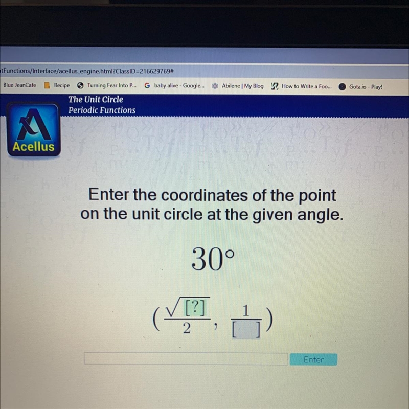 Enter the coordinates of the point on the unit circle at the given angle. 30° [?] 2-example-1