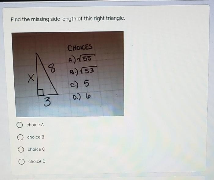 Find the missing side length of this right triangle​-example-1