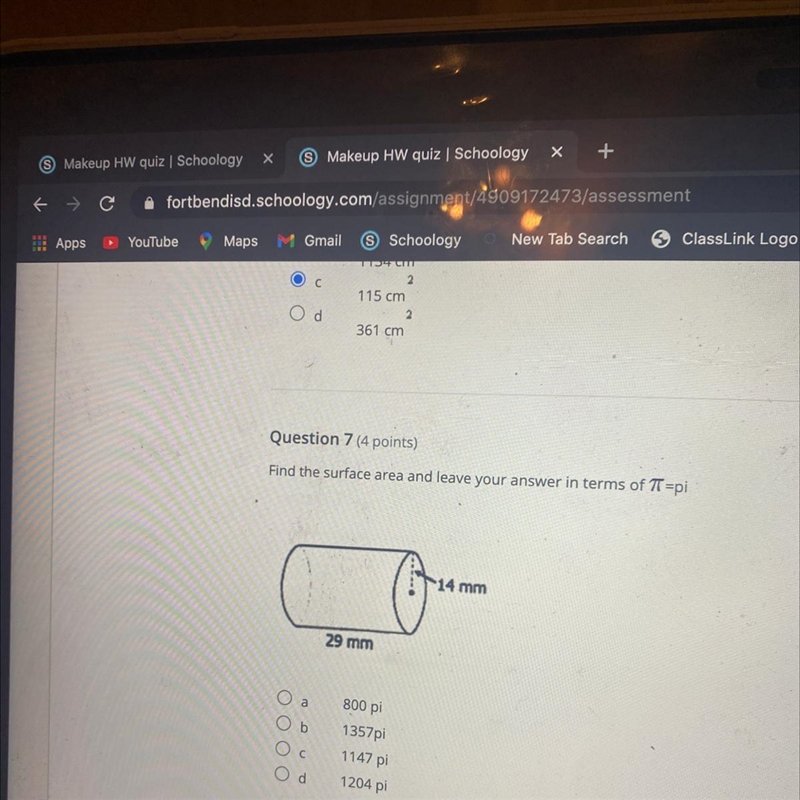 Find the surface area and leave your answer in terms of TT=pi 14 mm 29 mm a ОООО 800 pi-example-1