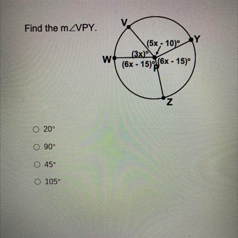 Find the m A. 20° B. 90° C. 45° D. 105° HELP PLEASE-example-1