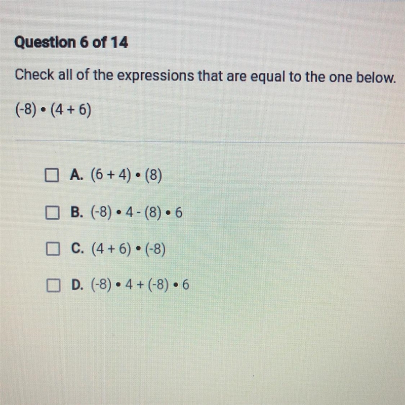 Check all of the expressions that are equal to the one below. (-8)•(4+6)-example-1