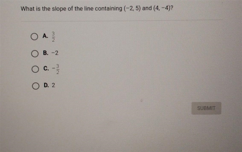 What is the slope of the line containing (-2, 5) and (4,-4)? O A. 3/2 O B. -2 O C-example-1