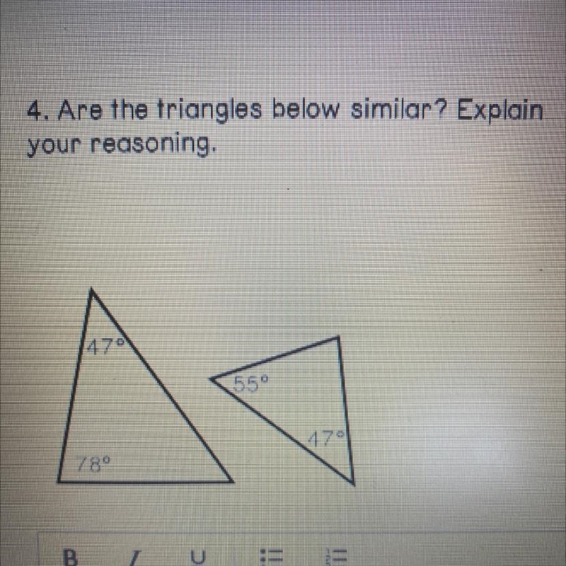 Are the triangles below similar?-example-1