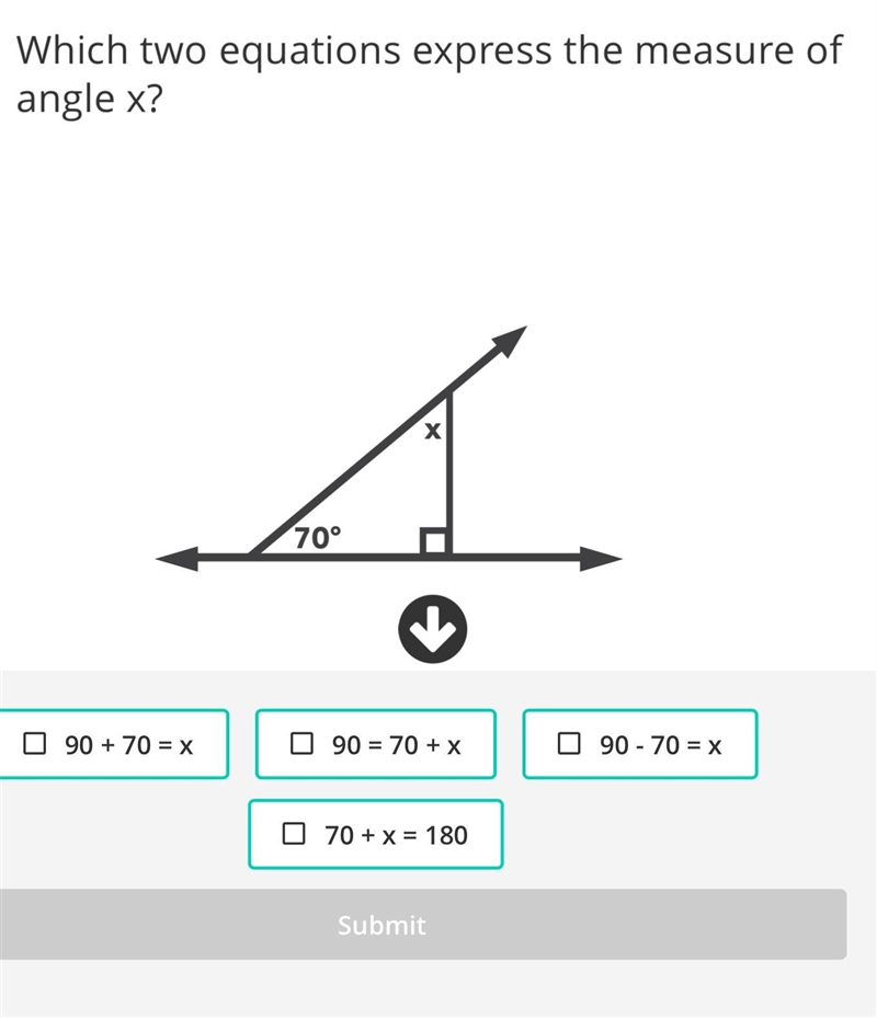 Which two equations express the measure of angle x?-example-1