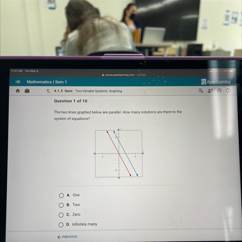 The two lines graphed below are parallel. How many solutions are there to the system-example-1