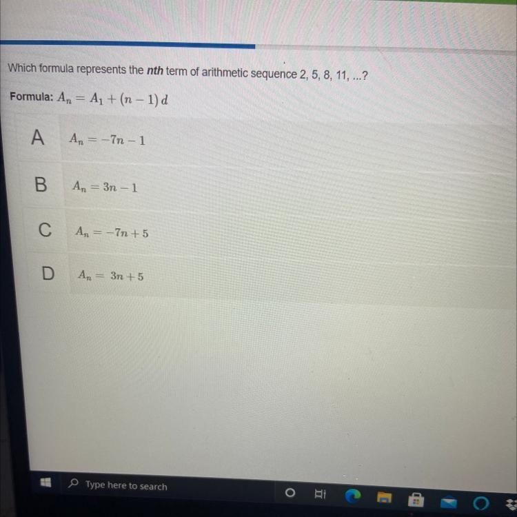 Which formula represents the nth term of arithmetic sequence 2, 5, 8, 11, ...? Formula-example-1