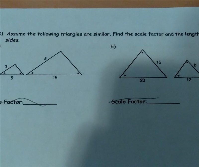 Assume the following triangles are similar. Find the scale factor and the lengths-example-1