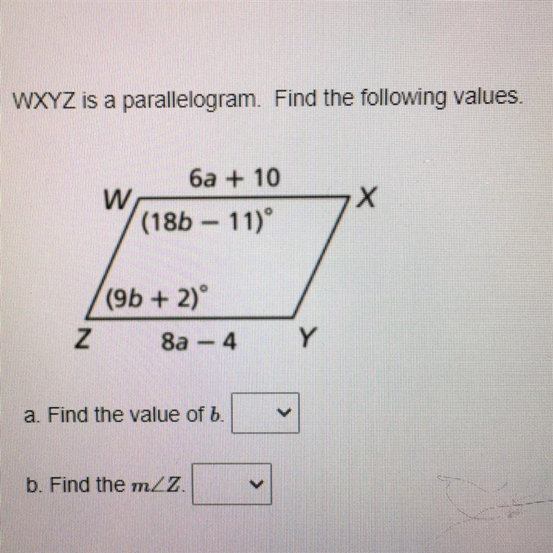 WXYZ is a parallelogram, find the following values.￼-example-1