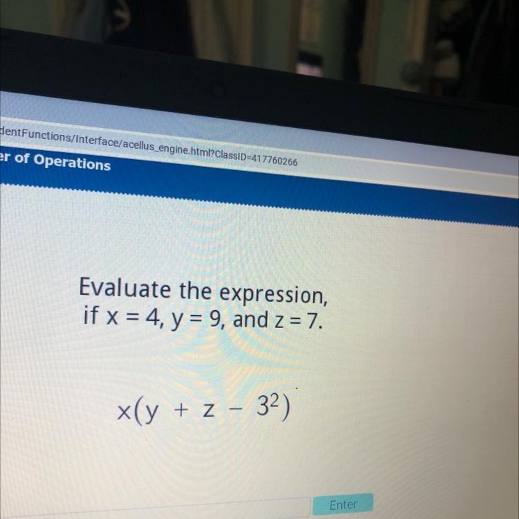 Evaluate the expression, if x = 4, y = 9, and z = 7. x(y + z - 32)-example-1