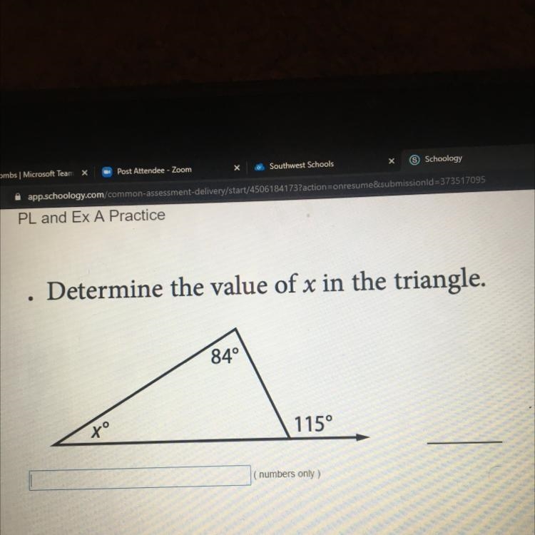 Determine the value of x in the triangle. . 84° to 115°-example-1