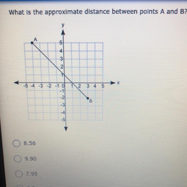 HELP QUICK PLEASE!!!!!! What is the approximate distance between A and B? 8.56 9.90 7.95 3.74-example-1