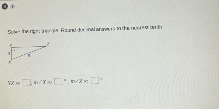 Solve the right triangle. Round decimals answers to the nearest tenth.-example-1