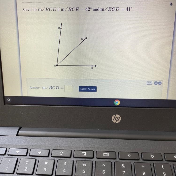 Solve for m angle BCD if m angle BCE=42^ and m angle ECD=41^-example-1