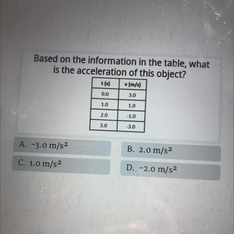 Based on the information in the table, what is the acceleration of this object? (m-example-1